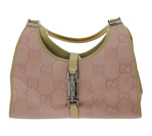 GUCCI Vintage Jackie Baguette Bag Canvas Handtasche mit Schulterriemen Echtleder Schultertasche Beige/Pink
