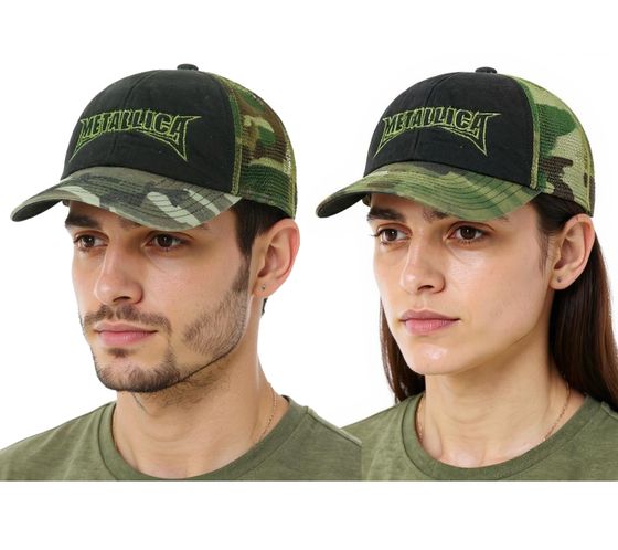 METALLICA Metal-Band Baseball-Cap Baumwoll-Cap mit „Metallica“ Stickerei Trucker-Cap Camouflage TC125115MET Schwarz/Grün