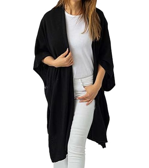 ZWILLINGSHERZ Damen Poncho mit Kaschmir hochwertiges Cape Tunika mit Ärmeln 8024-LU-22 Schwarz