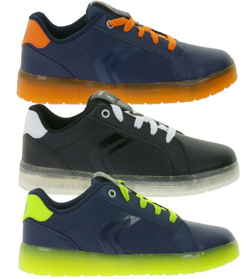 GEOX RESPIRA Kommodor Children's Everyday Sneakers with Breathable Sole. Leisure Shoes for Boys and Girls J745PB 0BCBU Blue/Orange, Blue/Yellow, or Black/Gray.