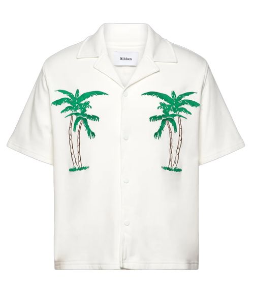 Camicia da uomo Nikben Long Beach in viscosa, a maniche corte, con stampa di palme, vestibilità comoda, 6371, bianca