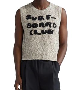 Stockholm (Surfboard) Club Men's Short Cardigan Vest with Wave-Shaped Hand-Embroidered Logo, Short-Sleeved Tank Top U2000006, Black/Beige