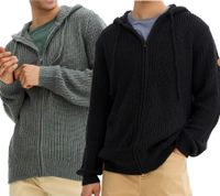 Herren schöne Basic Strick-Jacke mit Kapuze Grobstrick-Pullover Schwarz oder Eukalyptus-Grün