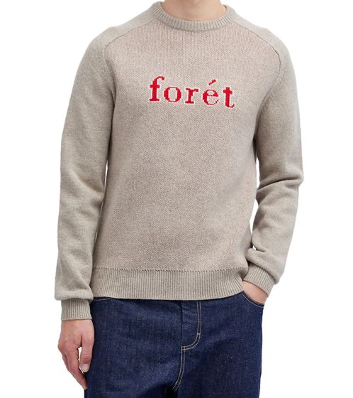 foret Men's Sustainable Knit Sweater, Wool Sweater with Logo Print, Long-Sleeved Shirt, Beige