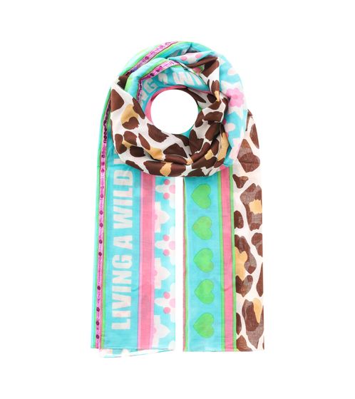 ZWILLINGSHERZ Wild Life Schal mit Blumenornamenten und Leo-Look Halstuch mit Seide Frühlings-Stola 3008S-1907-88 Türkis/Pink/Braun