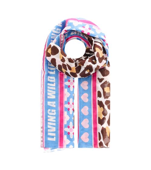 ZWILLINGSHERZ Wild Life Schal mit Blumenornamenten und Leo-Look Halstuch mit Seide Frühlings-Stola 3008S-1907-87 Blau/Pink/Braun