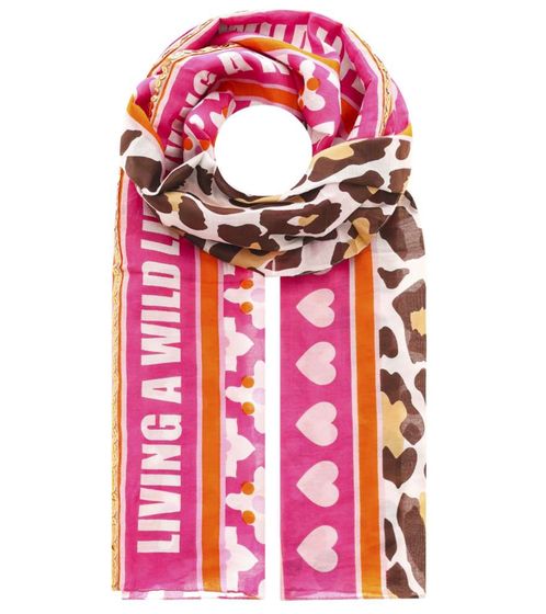 ZWILLINGSHERZ Wild Life Schal mit Blumenornamenten und Leo-Look Halstuch mit Seide Frühlings-Stola 3008S-1907-13 Pink/Weiß/Braun
