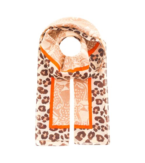 Sciarpa ZWILLINGSHERZ Leopard Faces con stampa leopardata e volti di leopardo, stola primaverile in seta 3008S-2608-29 Beige/Marrone/Arancione