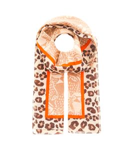 Foulard ZWILLINGSHERZ « Faces Léopard » à imprimé léopard et visages de léopard, étole de printemps en soie 3008S-2608-29 Beige/Marron/Orange
