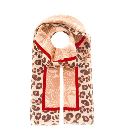 Sciarpa ZWILLINGSHERZ Leopard Faces con stampa leopardata e volti di leopardo, stola primaverile in seta 3008S-2608-61 Beige/Marrone/Rosso