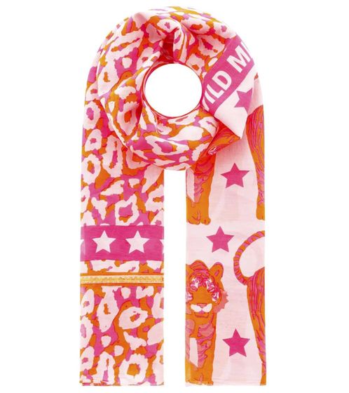 ZWILLINGSHERZ Stars Tiger Schal mit Tigern und Paillettenbesatz Halstuch mit Seide Frühlings-Stola 3008S-2608-90 Orange/Pink