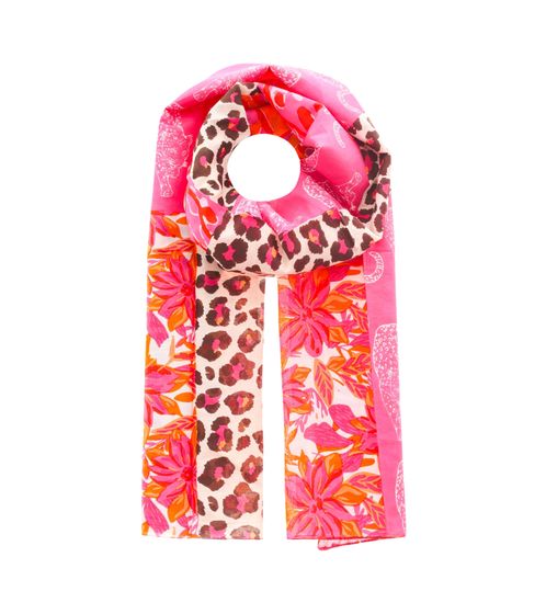 ZWILLINGSHERZ Leo Mustermix Schal mit Tigern und Blumen Halstuch mit Seide Frühlings-Stola 3008S-2608-20 Pink/Orange/Bunt