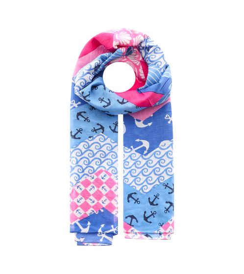 ZWILLINGSHERZ Maritimer Zickzack Schal mit Ankern, Wellen und Muscheln Halstuch mit Seide Frühlings-Stola 3008S-1907-18 Blau/Pink