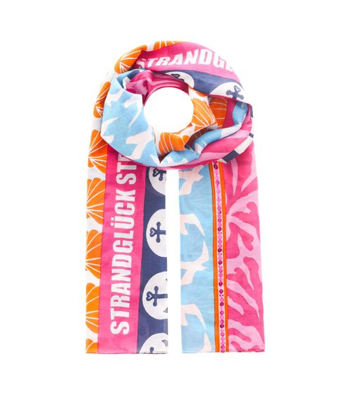 ZWILLINGSHERZ Strandglück Schal mit Ankern, Möwen und Muscheln Halstuch mit Seide Frühlings-Stola 3008S-0209-100 Blau/Pink