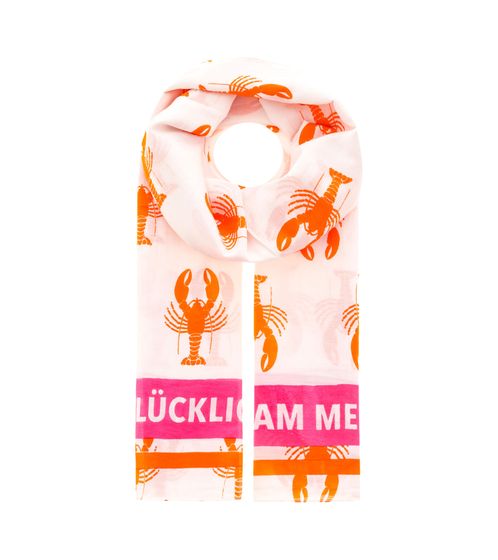 ZWILLINGSHERZ Glücklich am Meer Schal mit Krebsen und Schriftzug Halstuch mit Seide Frühlings-Stola 3008S-2608-15 Orange/Pink/Weiß