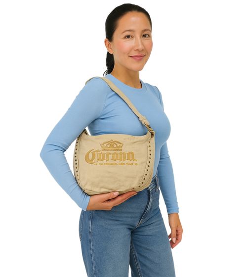 Sac bandoulière en toile Corona Beer, petit cabas, accessoire fan, 34 x 21 cm, beige/marron