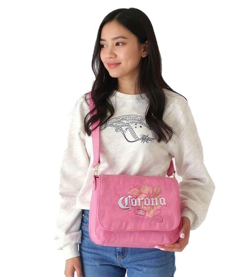 Sac bandoulière femme Corona Beer, petit cabas, articles de supporter avec logo brodé, sac en toile, rose
