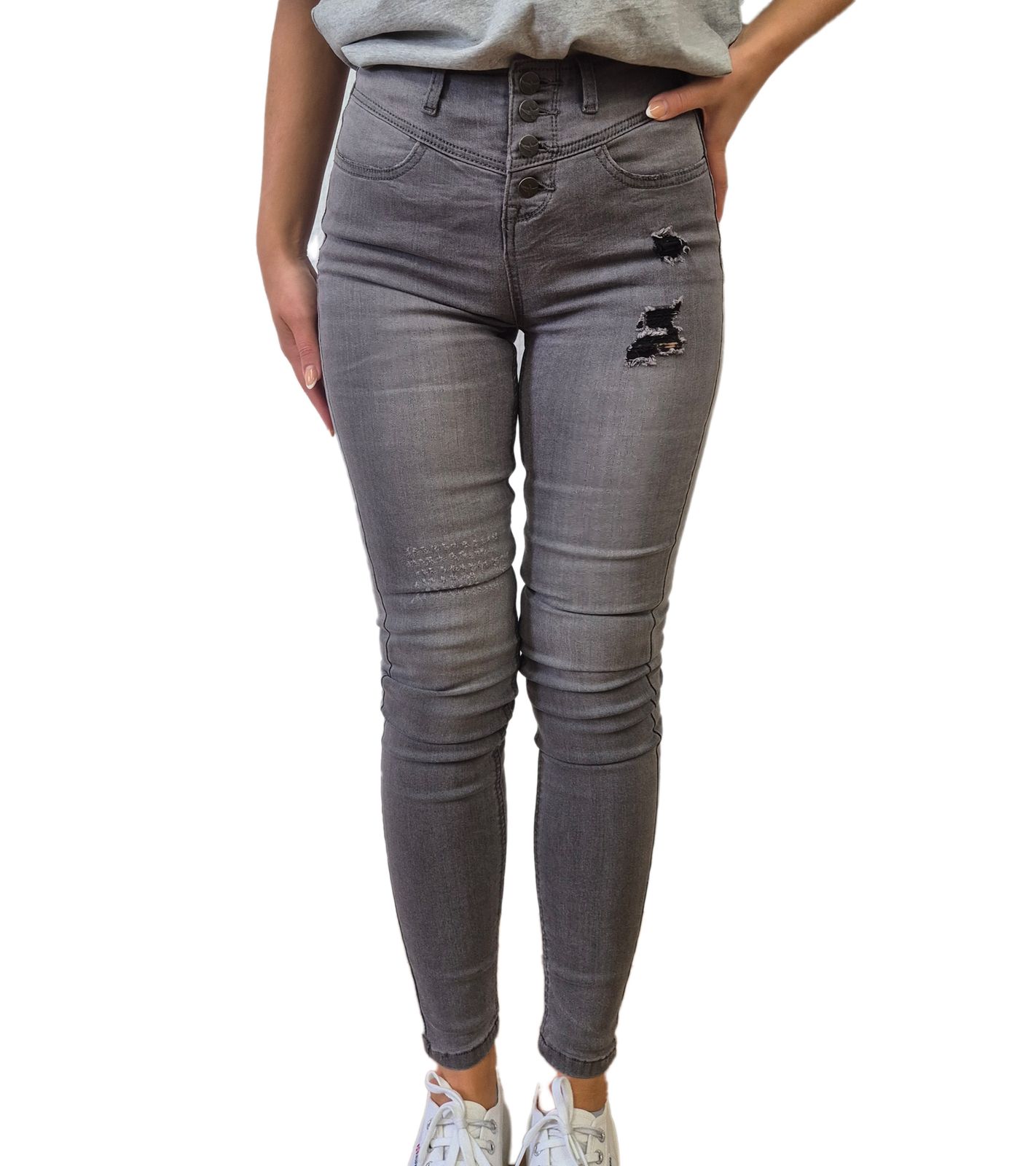 ARIZONA Damen Slim-Fit Jeans Baumwoll-Hose High-Waist mit Destroyed Effekten 5881 4258 Grau