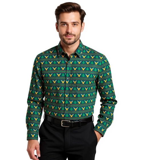 Herren Langarm-Hemd mit weihnachtlichem Motiv Baumwoll-Hemd 961600 Grün