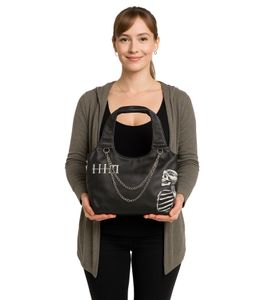 Borsa a tracolla da donna con tracolla larga, motivo: band punk rock degli HIM, LB103930HIM0, nera/grigia Borsa a tracolla da donna con tracolla larga, motivo: band punk rock degli HIM, LB103930HIM0, nera/grigia