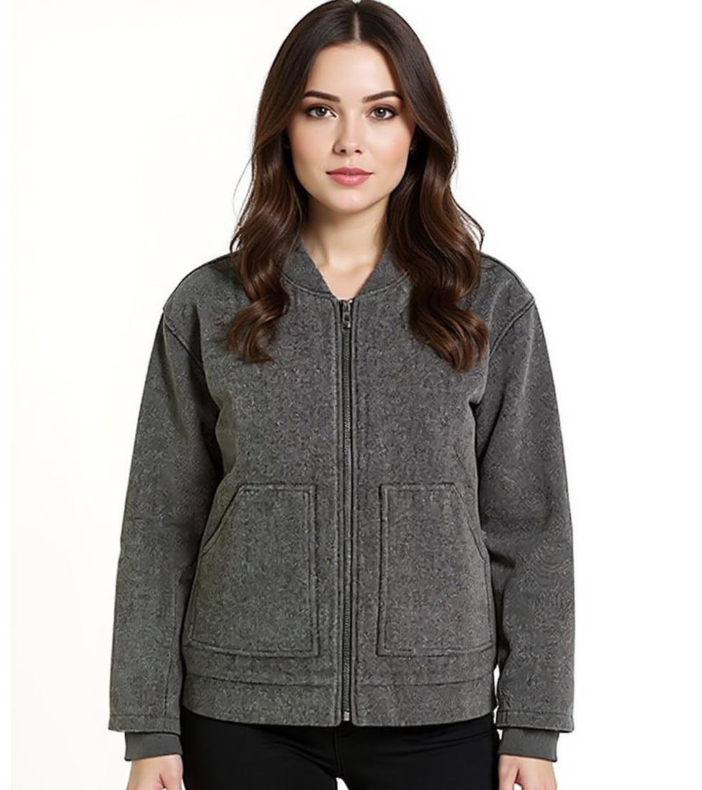 Chaqueta Bomber de Mezcla de Lana para Mujer con Bolsillos de Parche, Chaqueta de Transición 952374 Gris