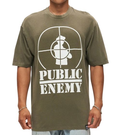 T-shirt da uomo RE:COVERED X PUBLIC ENEMY, in cotone con stampa grande, girocollo, RCBVD3836 Cachi