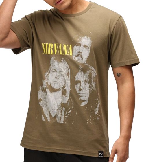 Camiseta de algodón RE:COVERED X NIRVANA para hombre con estampado grande de la banda, cuello redondo, RCMERCT168 caqui
