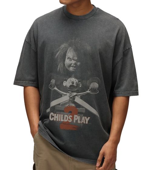 RE:COVERED X Chucky 2 Child's Play Herren T-Shirt mit Puppen-Print Baumwoll-Shirt Rundhals-Shirt RCUNV2572 Grau