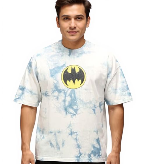 RE:COVERED X DC Herren T-Shirt BATMAN Split Baumwoll-Shirt im Batik-Design Rundhals-Shirt RCWARN553 Grau