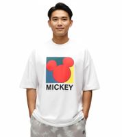 RE:COVERED X Disney Men's T-Shirt with Large Mickey Mouse Print, Round Neck, White