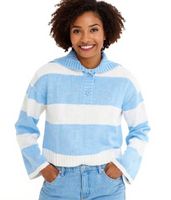 Pull femme en maille à boutons, rayé en coton 971190 Blanc/Bleu clair