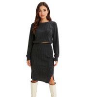 Jupe mi-longue élégante en maille avec ceinture élastique, 932509, Anthracite chiné