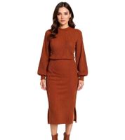 Women's Midi Skirt, Stylish Knit Skirt with Elastic Waistband, 974115 Rust Brown