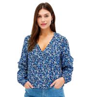 Damen Bluse modische Sommer-Bluse mit Blumen-Print Volant-Shirt 913799 Blau/Weiß/Schwarz