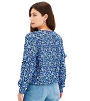 Damen Bluse modische Sommer-Bluse mit Blumen-Print Volant-Shirt 913799 Blau/Weiß/Schwarz