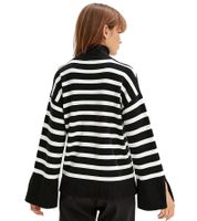 Damen Strick-Pullover gestreifter Feinstrick-Pulli mit weiten Ärmeln 933284 Schwarz/Weiß