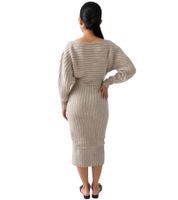 Soft women's midi dress, basic knit dress with tie belt, long-sleeved dress, 929118, beige
