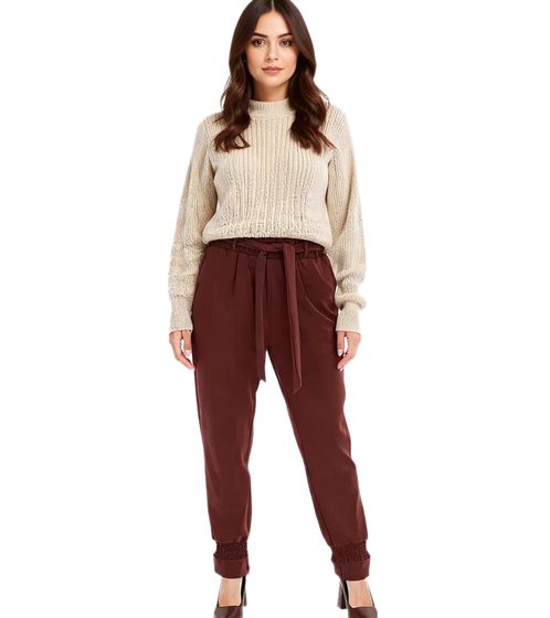Women's Summer Trousers, Ankle-Length Paperbag Trousers with Tie Belt, 956118 Brown