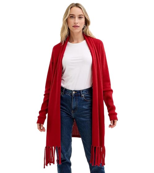Damen Strick-Jacke aus Merino-Wolle lange Strickjacke mit Schal Poncho 915115 Rot