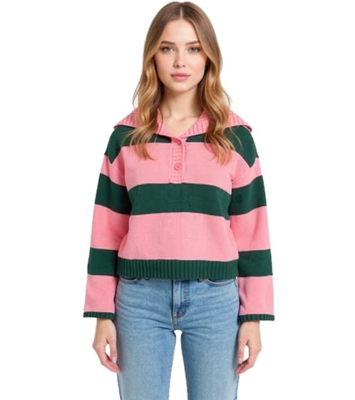Damen Strick-Troyer mit Knöpfen gestreifter Strick-Pulli Große Größen 974173 Rosa/Grün