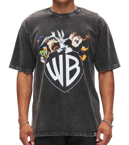 RE:COVERED X LOONEY TUNES Herren T-Shirt mit Print Baumwoll-Shirt Rundhals-Shirt RCWARN749 Washed-Schwarz