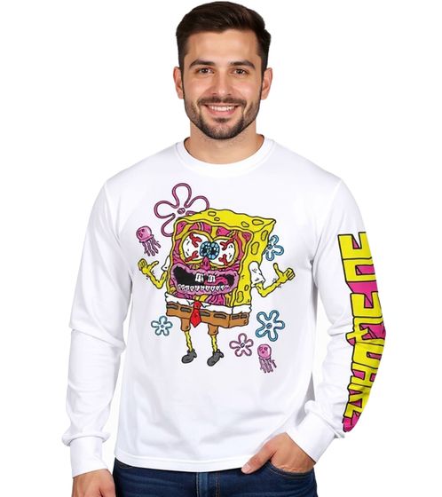 RE:COVERED X nickelodeon Herren Langarm-Shirt SpongeBob Schwammkopf Design Baumwoll-Pullover Rundhals-Shirt RCVCM688 Weiß