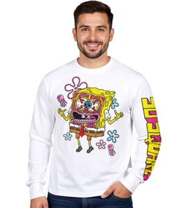 Maglia a maniche lunghe da uomo RE:COVERED X Nickelodeon con stampa SpongeBob SquarePants, pullover in cotone, girocollo, RCVCM688 Bianco