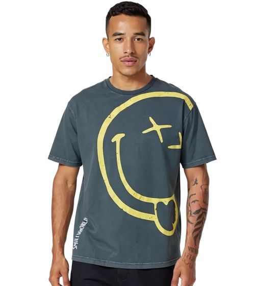 RE:COVERED X Smileyworld  Herren T-Shirt mit Smiley Print Baumwoll-Shirt Rundhals-Shirt MMSMLYWD399 Grau