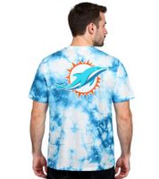 Camiseta RE:COVERED X NFL para hombre con estampado de los Miami Dolphins, cuello redondo de algodón, RCNFL1388 Azul/Blanco