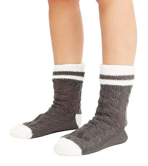 Damen Hausschuhsocken warme Winter-Strümpfe Freizeit-Strümpfe Slipper-Socken gestrickte Kuschel-Socken 927387 Grau/Weiß