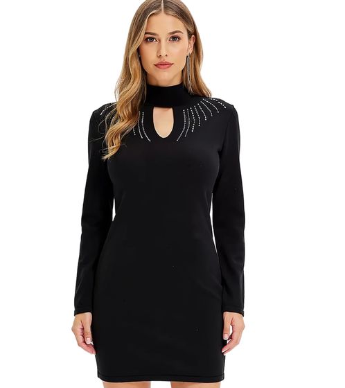 Damen Strick-Kleid Mini-Kleid mit Rollkragen und Ausschnittdetails Langarm-Kleid 916864 Schwarz