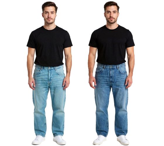 Elegantes vaqueros de hombre con corte skater, pantalones vaqueros con cremallera, BR-11000, en azul oscuro o azul claro.