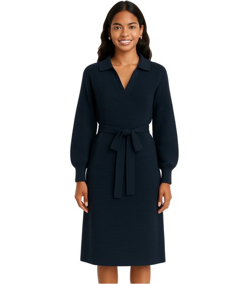 Damen Strick-Kleid Mini-Kleid mit Polo-Kragen Langarm-Kleid Baumwoll-Kleid 913278 Dunkelblau