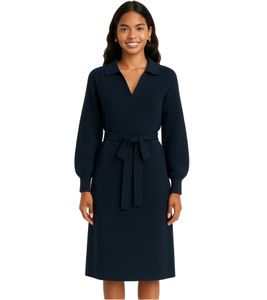 Damen Strick-Kleid Mini-Kleid mit Polo-Kragen Langarm-Kleid Baumwoll-Kleid 913278 Dunkelblau